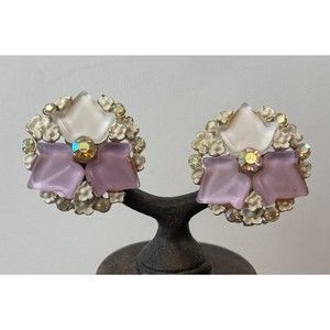Vintage BSK Leaf Flower Rhinestone Clip on Earrings Purple White Gold tone